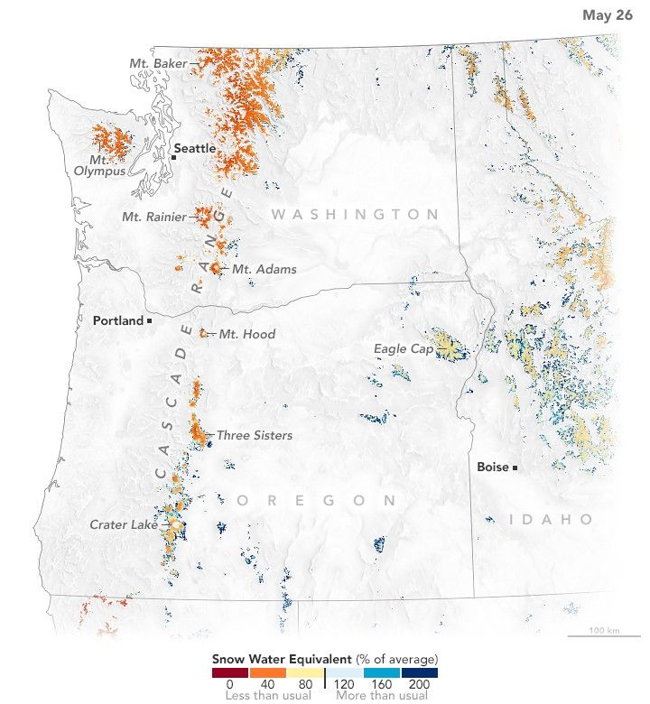 A grayscale map of the Northwest United States with state line overlays includes Washington, Oregon, and part of Idaho.  The image shows includes an overlay of snow water equivalence compared to the average in which shades of red are less than average and blues above average, darker colors being the most extreme. The image shows the majority of the Cascade range in a moderate deficit and nearly all of the surplus water is in Idaho with very small patches in the coastal states.