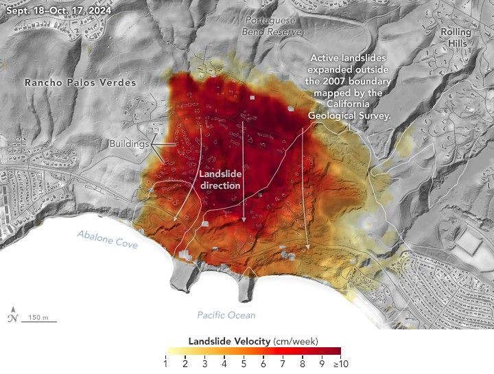 The image is grayscale of a coastal landscape with an overlay of land movement colored in shades of pale yellow to red. The image is centered on a spot that shows significant landside movement on the provided scale, which is as much as 10 centimeters per week.  There are buildings labeled in this area or Rancho Palos Verdes and the region of movement expands outside of the 2007 boundary labeled by California Geological Survey.