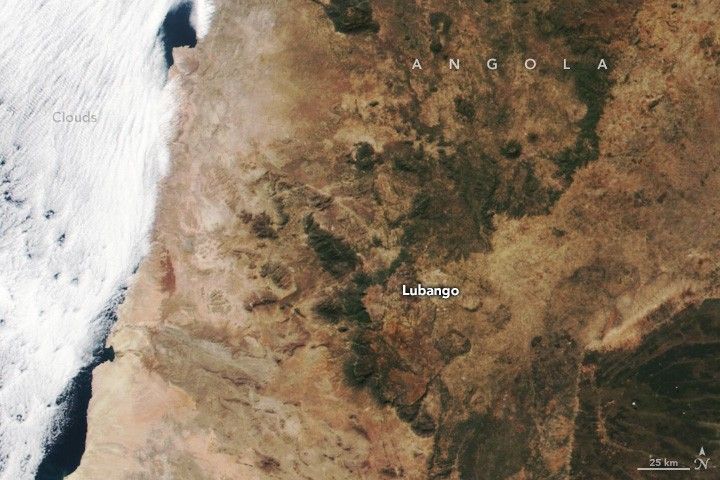 A satellite image of southwestern Angola shows light-colored coastal desert to the left and a darker plateau to the right. These are separated by a jagged boundary tinged with green, part of the Great Escarpment of southern Africa. The Atlantic Ocean, mostly cloud-covered, runs along the left edge of the image.