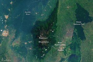 The Rwenzori Mountains stand more than 5,000 meters (16,000 feet) above sea level in eastern Africa. The prominence is visible for miles around and even from orbit, provided it is not hidden by clouds and mist.