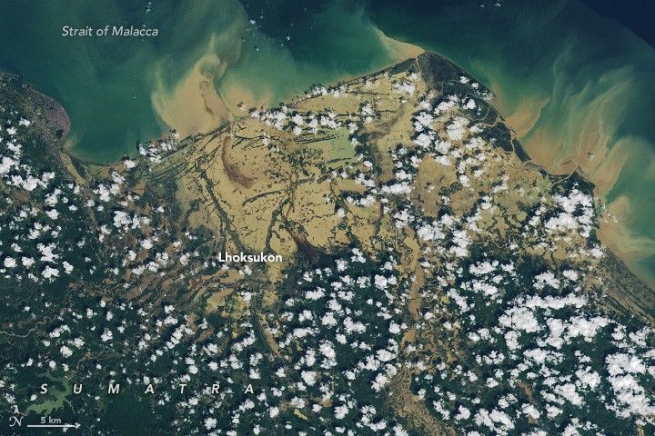 A satellite image centered on the town of Lhoksukon in Sumatra shows brown, muddy floodwater covering much of a coastal plain near the town. Plumes of brown water are visible mixing with the bluer waters of the Strait of Malacca in the upper part of the image. The lower part of the image is greener, more mountainous, and speckled with small clouds.
