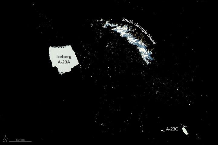 The deep near black sea is seen dotted with white specs and three major white structures. South Georgia island is an arced snow covered and craggy landscape. To the left of there is Iceberg A-23A, which is mostly square in shape and on a diagonal orientation to the image. It also occupies about as much space in the image as South Georgia Island. A-23C is much smaller and in the lower right.