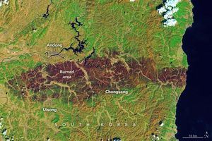 a strip of brown marks the landscape and terminates at the coast. Otherwise the brown strip is surrounded by green vegetation, the brown is labeled burned area. North of the burn is Andong, on the opposite side of the burn from Andong is Ulsong. Chongsong is closer to the coast and appears to be just within the burned region's boundaries.