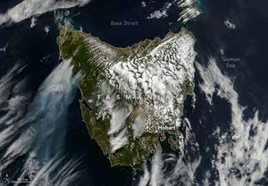 Tasmania centers in this image the the dark blue Bass Strait above and Tasman Sea to the right. Smoke streams from the green land in the upper left of Tasmania, down and left. The dense gray color of smoke disperses to a translucent shade before disappearing under and into clouds. The left coast and off coast appear to have many thinner sheets of cloud cover. As you move to the right in Tasmania the clouds become dense bright white clumps. The town of Hobart along the South coast is labelled.