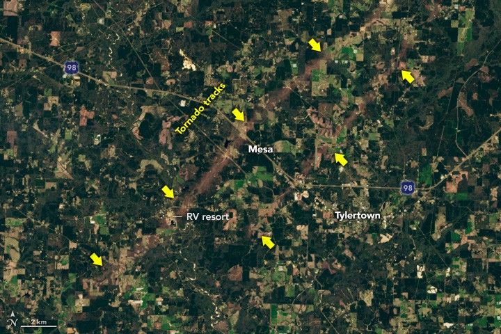 Two dust colored lines run parallel across the landscape in this satellite image from lower left to upper right. The land is otherwise an amalgam of dark green patches and farmed fields around Mesa along route 98. An RV resort is located in the path of the longer streak in the lower left. Tylertown is just outside of the path in the lower right.