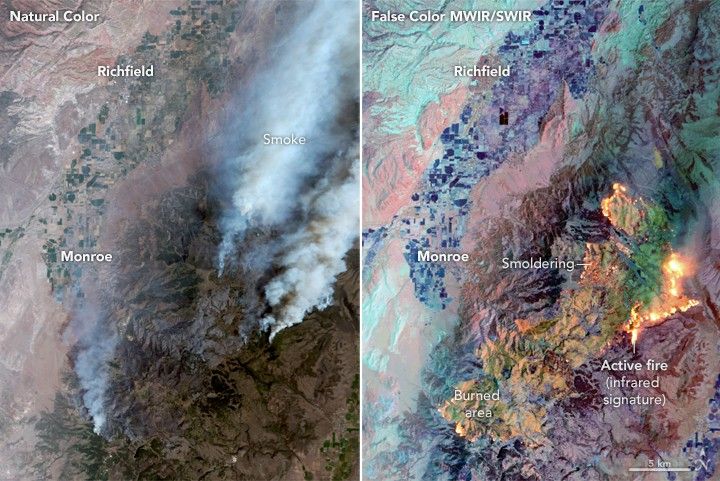 side-by-side images of the same region. On the left is Monroe and Richfield in the valley with mountainous terrain and smoke on the right.  The right image is shown in false color corresponding to the infrared reading which shows the mountain peaks in shades of orange due to smoldering fire. at the right edge of the smouldering area is turns to bright yellow where there is active fire.