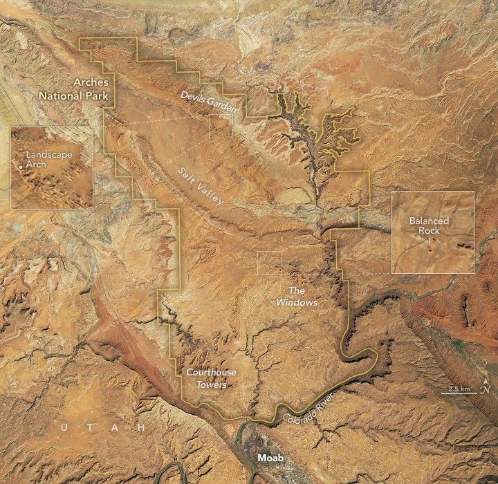 Arches National Park is outlined with a superimposed orange line, the orange brown landscape is labeled as Utah, With Moab in the bottom center. Salt Valley runs through the center of the park, North of that is the Devil's Garden, which contains a pop-out zoom in on Landscape Arch. South of the Valley is an area labeled "The Windows", a pop out there zooms in on Balanced Rock. in the lower park is an area labeled Courthouse Towers.