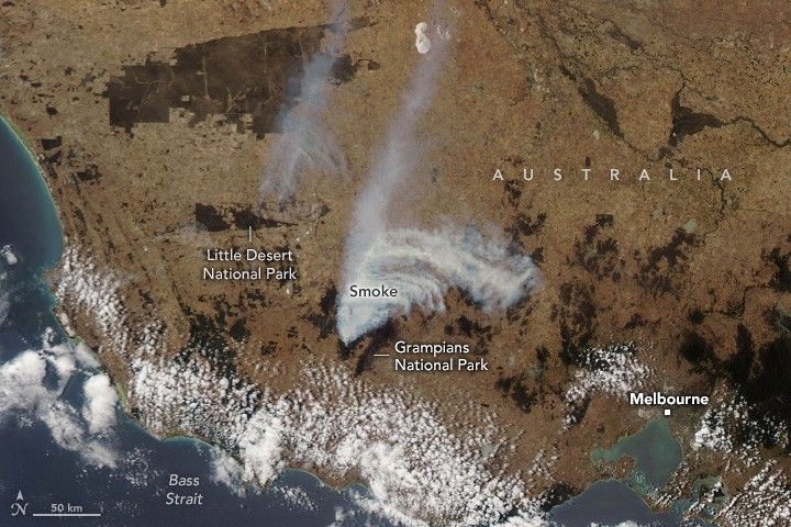 The South Coast of Australia shows Melbourne, right, with the Grampians National Park centered over the Bass strait. Smoke streams toward the top of the image from there as well as Little Desert National Park,  left of center.