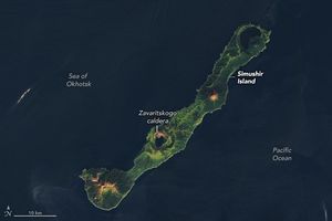 Simushir, a longitudinal island lush green with foliage, separates the Pacific Ocean, right, from the Sea of Okhotsk. The waters connect at the top and bottom of the image, and is universally dark blue. The island includes multiple peaks, the second from the bottom is labelled the  Zavaritskogo caldera. The island is tilted diagonally from bottom left top right.