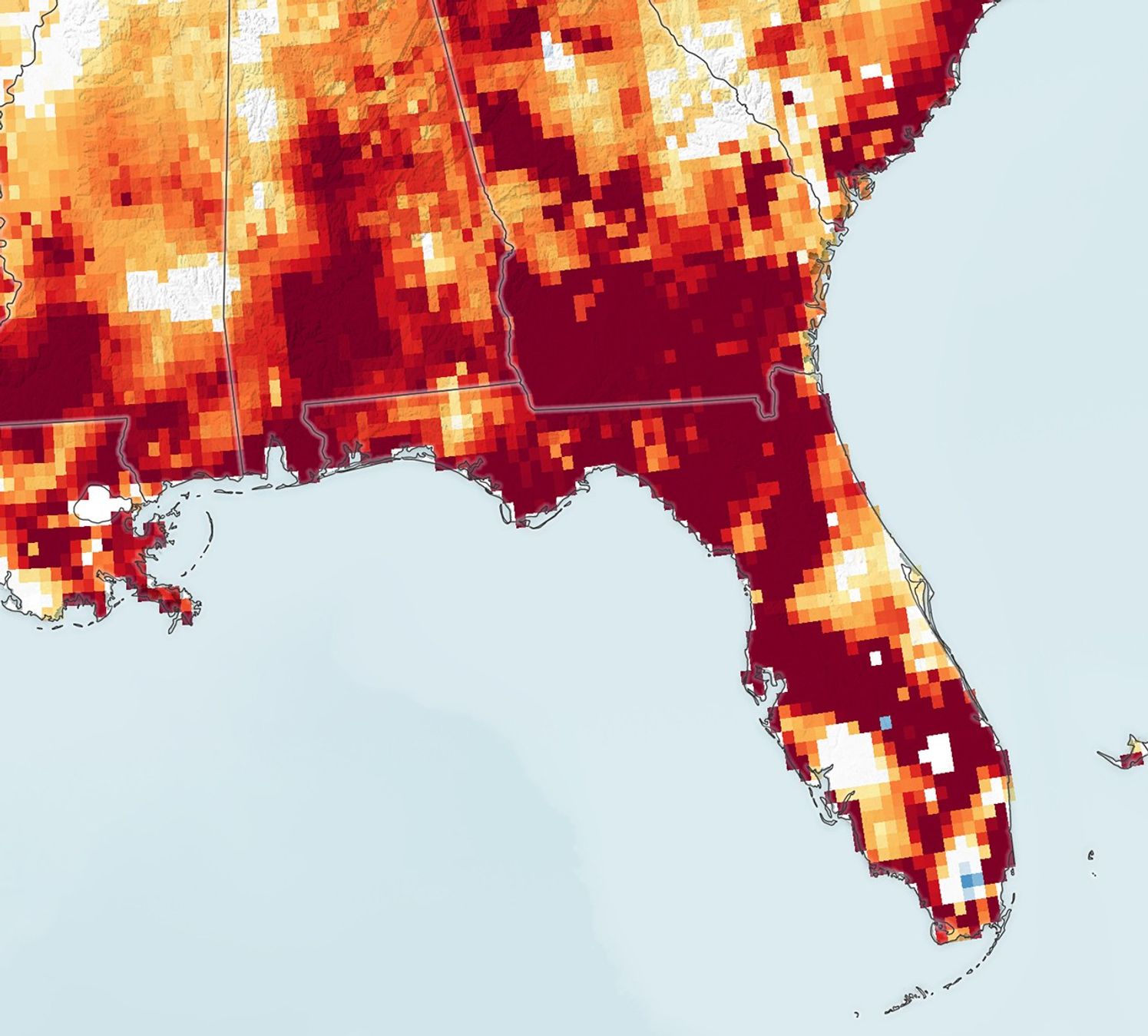 A map of Florida shows the driest aquifers in red and orange.