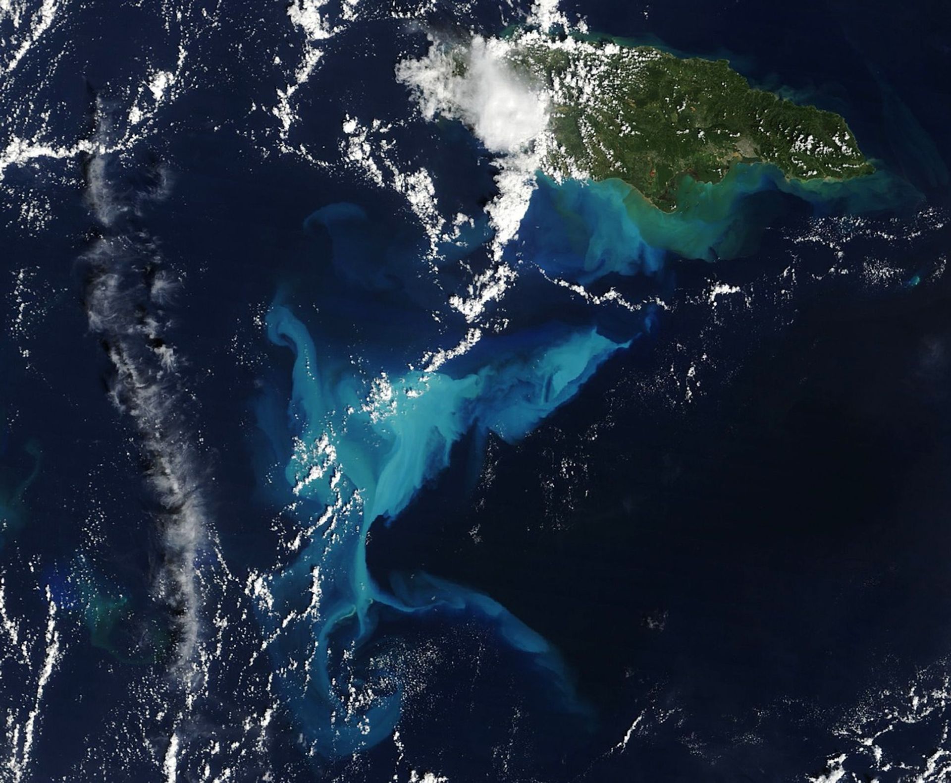 A satellite view of part of the Caribbean Sea shows Jamaica in the upper right and brighter, milky blue water in the center over Pedro Bank, indicating suspended sediment.