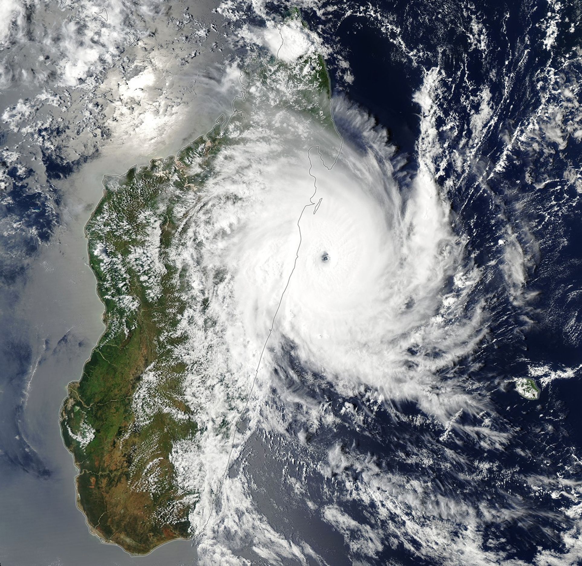 Storm clouds swirl over northwestern Madagascar in a satellite image acquired on February 10, 2026. The eye of tropical cyclone Gezani is visible directly east of Toamasina as the storm approaches land.