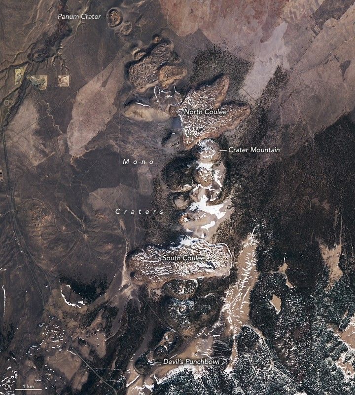 The Mono Craters, raised features ranging from small and round to larger and amorphous, form a gently arcing line stretching from north to south.