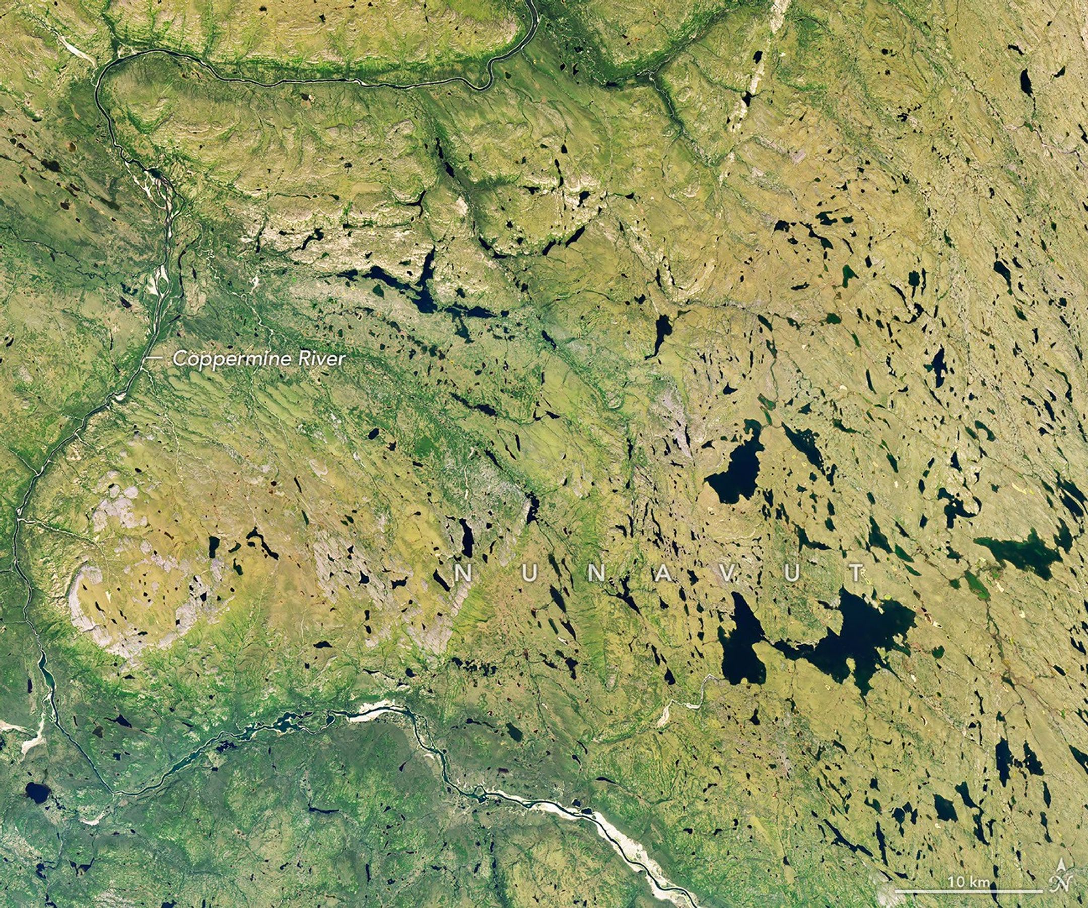 A river winds through a mostly green tundra landscape in summer, dotted with numerous lakes.