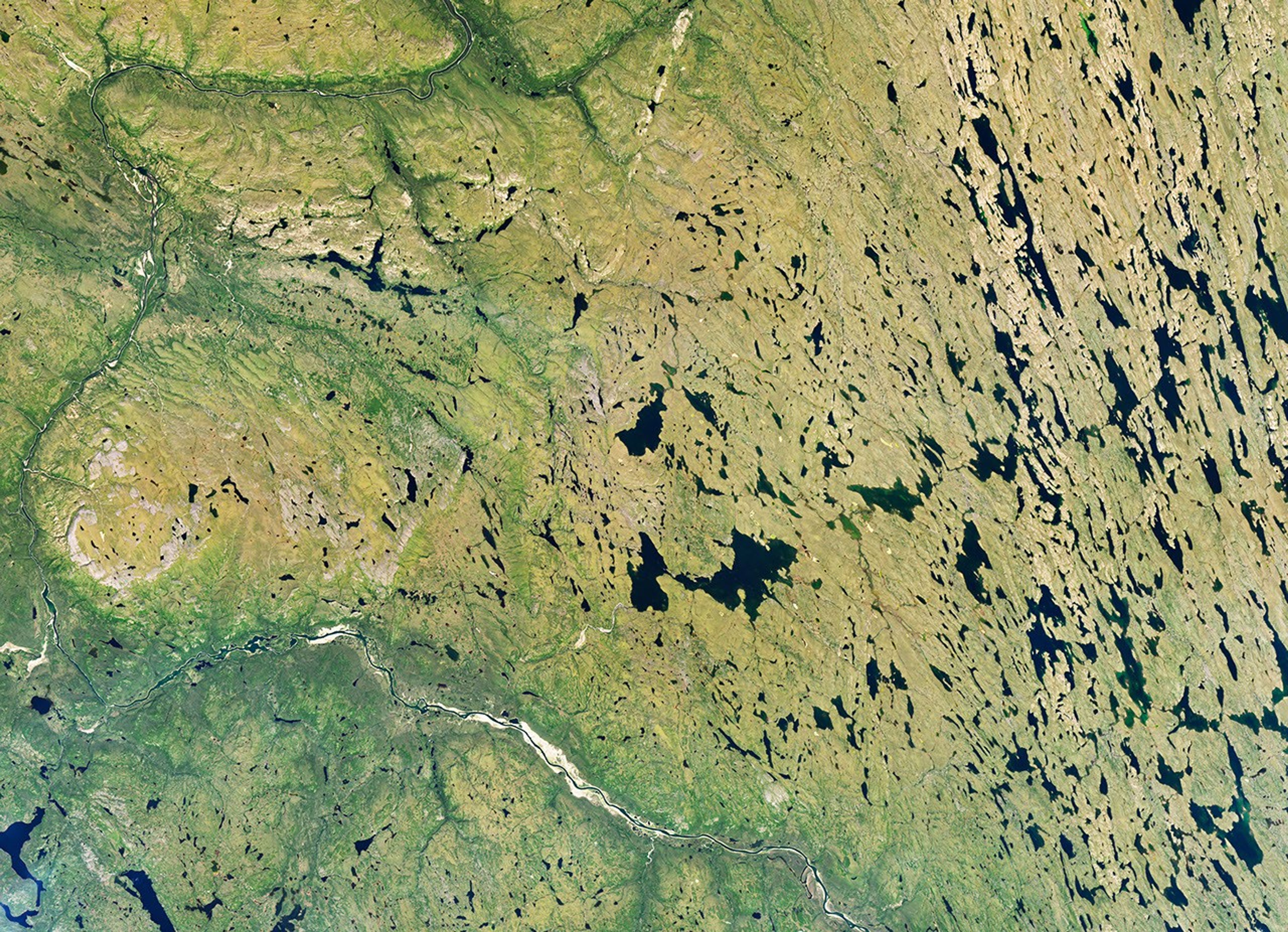 A river winds through a mostly green tundra landscape in summer, dotted with numerous lakes.