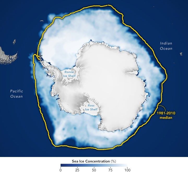 A map shows white Antarctic sea ice on September 14, 2026, the day it reached its annual maximum extent. The 1981–2010 median is outlined in yellow.