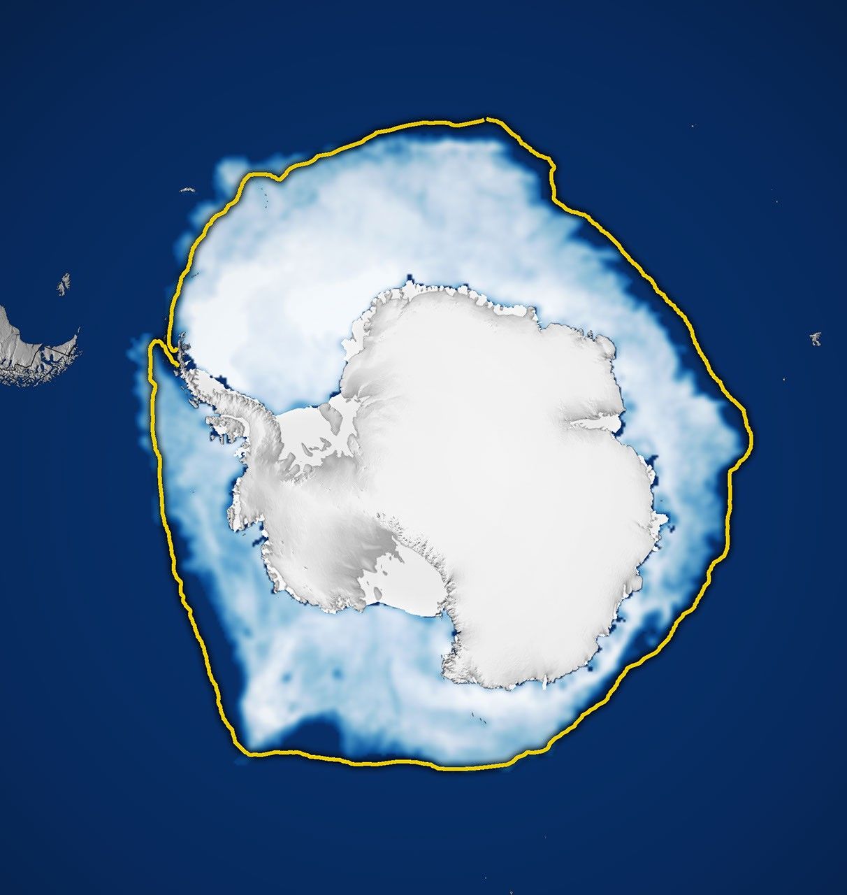 Mapa da NASA mostra a extensão do gelo marinho antártico em 14 de setembro de 2026, com mediana histórica contornada em amarelo