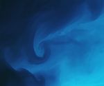 An area of bright blue swirling water includes a feature with a hammerhead-like shape, with eddies curling off either side of a narrow jet.