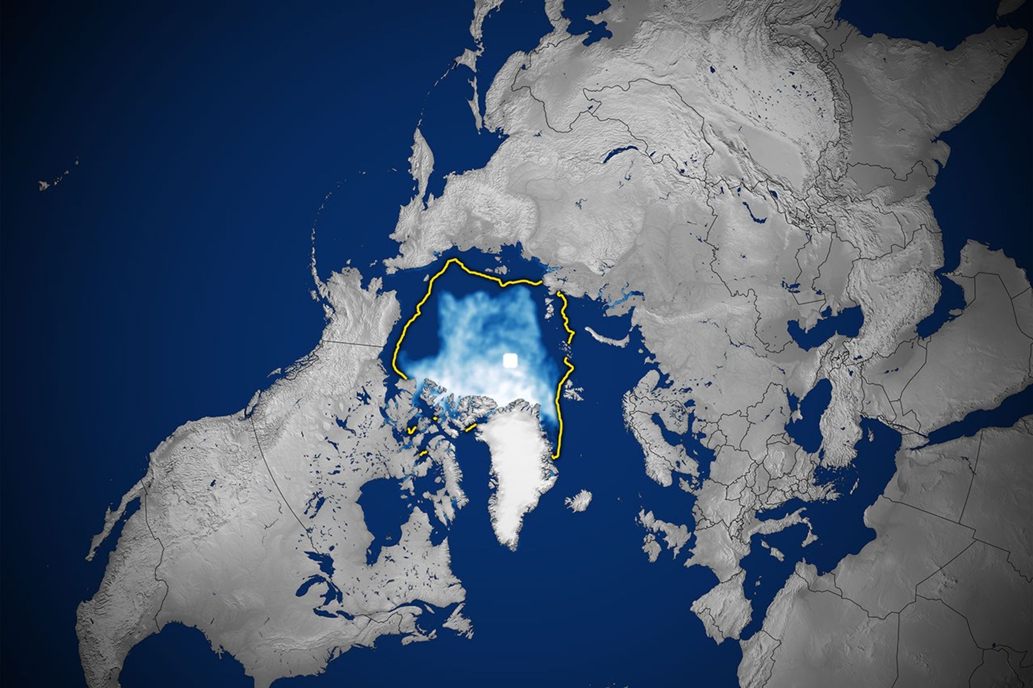 A map of the shows sea ice in September 2026 covering a smaller area than the 1981–2010 median, which is outlined in yellow.