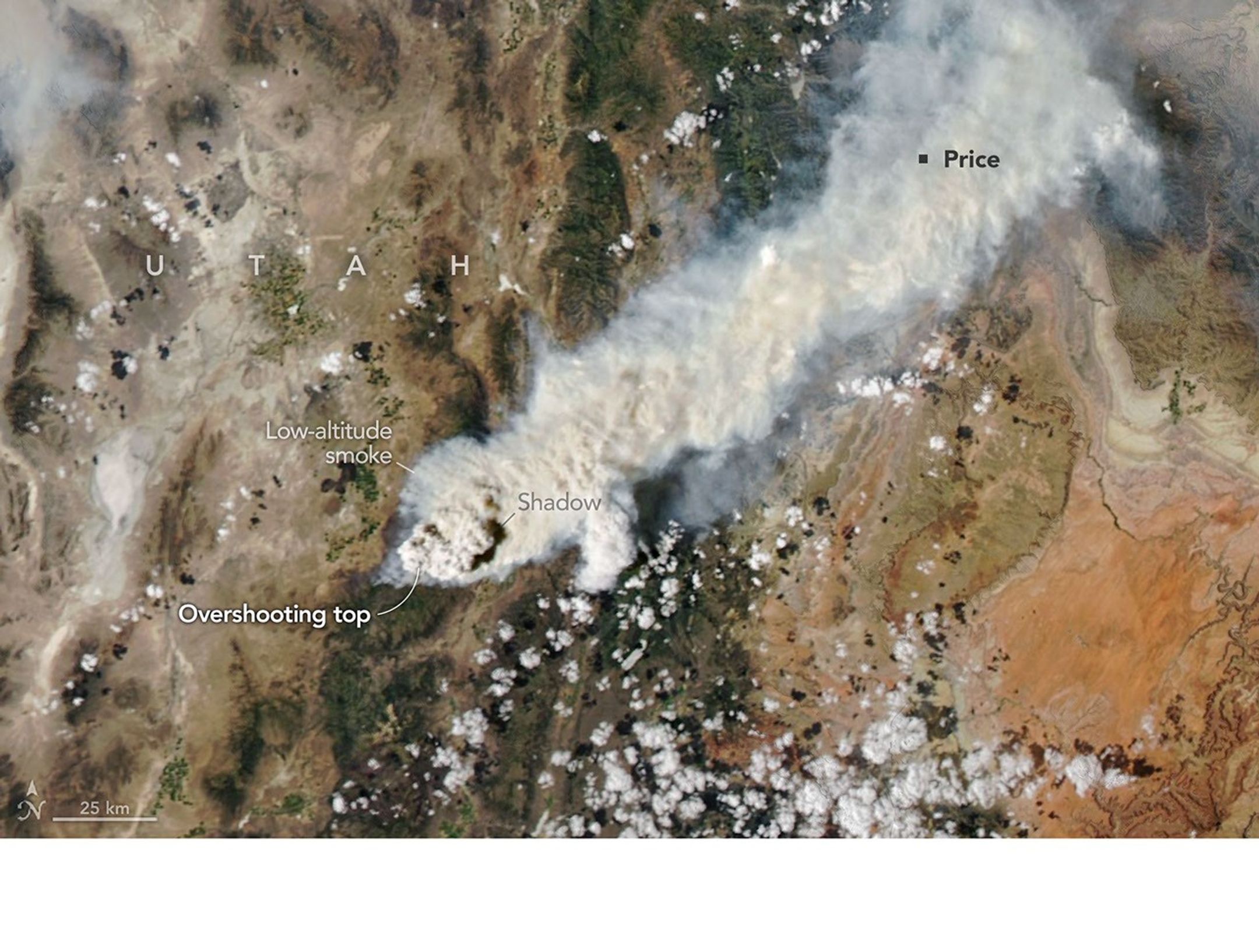 Textured gray wildfire smoke streams east from a fire burning near Fishlake National Forest. A dark shadow is visible to the east of a tall plume near the fire front.