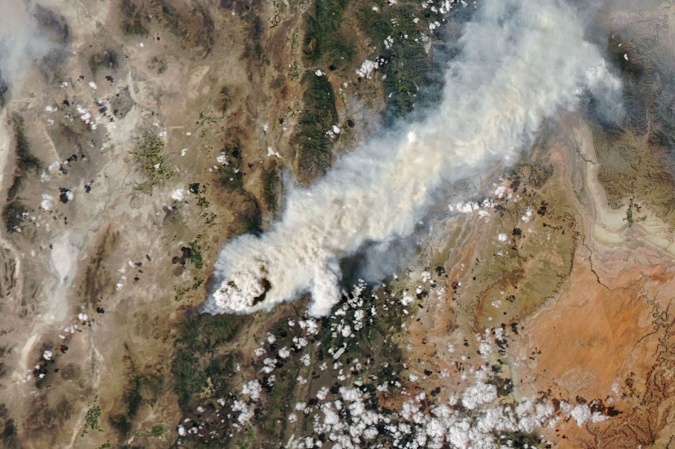 Textured gray wildfire smoke streams east from a fire burning near Fishlake National Forest. A dark shadow is visible to the east of a tall plume near the fire front.