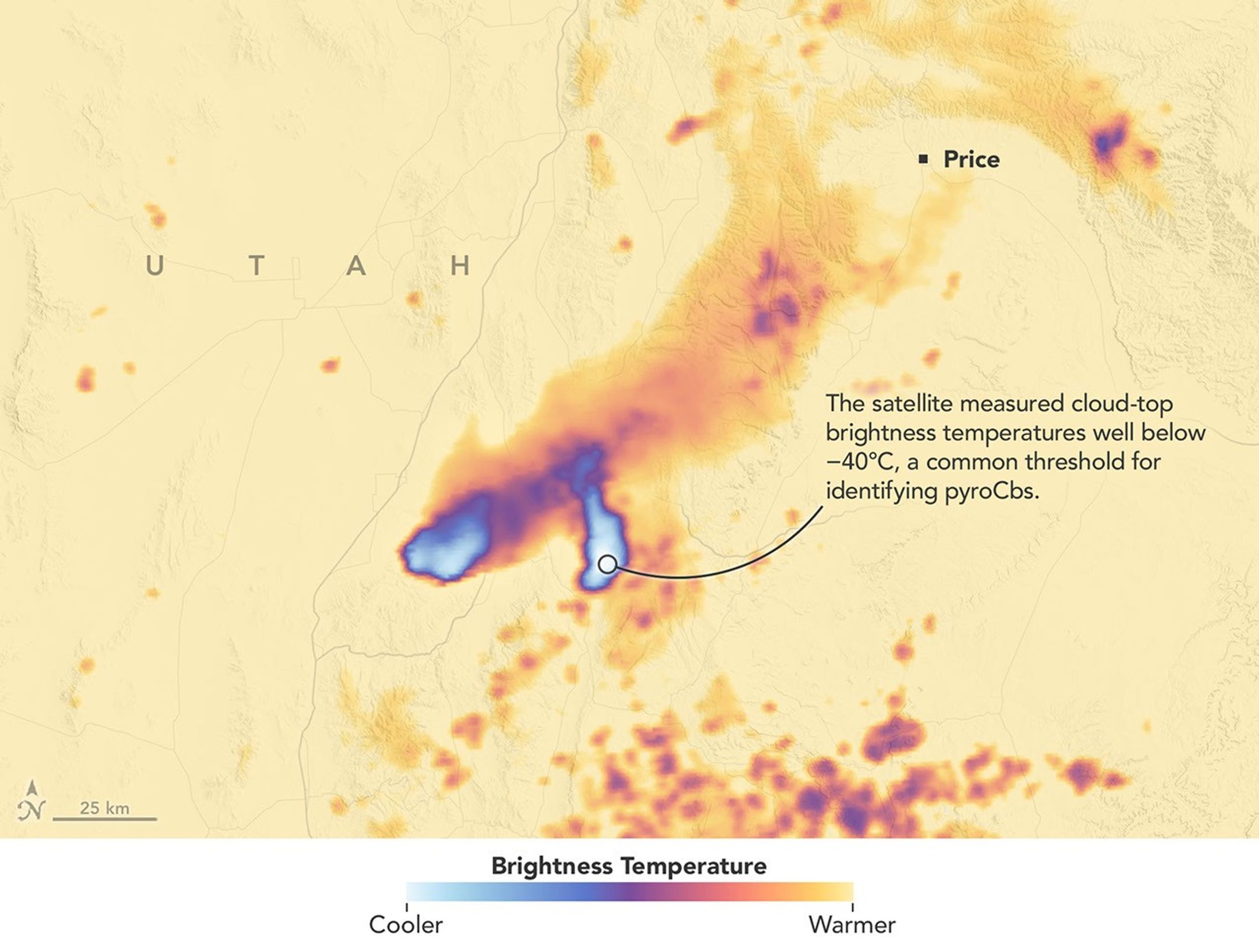 A data visualization shows the cloud-top brightness temperature of the same scene. Tall, cold smoky clouds appear white, and warmer plumes at lower heights appear purple.