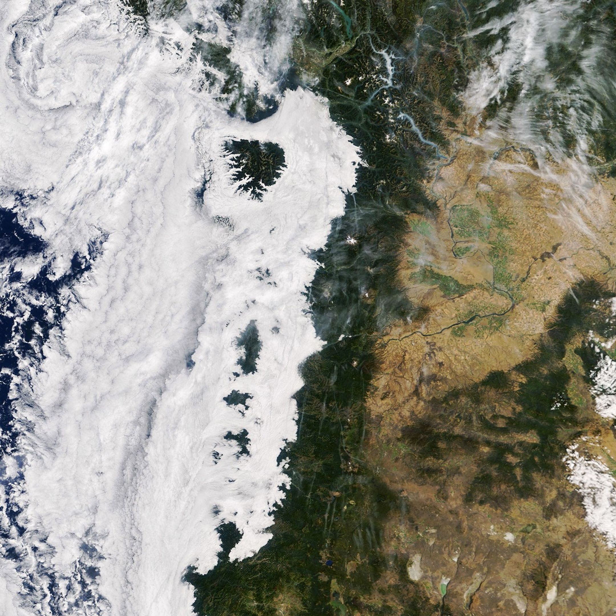 Low-lying clouds cover western Washington and Oregon between the Pacific coast and the foothills of the Cascade Range. Parts of the Olympic Mountains and Oregon Coast Range are visible above the clouds.