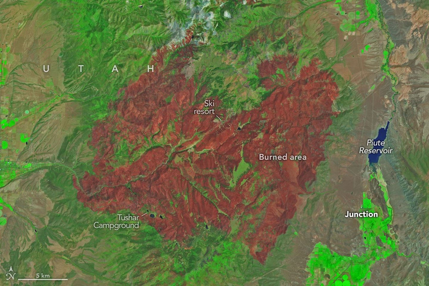 An image of the same area shows a large brown patch spanning much of the image in an image acquired after the fire on June 29, 2026.