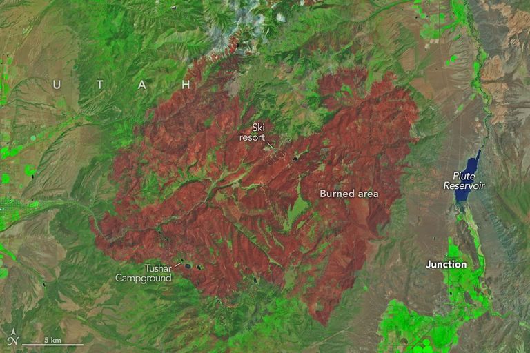 An image of the same area shows a large brown patch spanning much of the image in an image acquired after the fire on June 29, 2026.