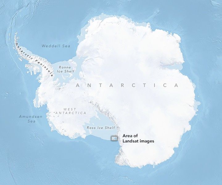 A reference map of Antarctica shows the continent in white surrounded by light blue ocean. Labels identify the Weddell Sea, Amundsen Sea, Ross Ice Shelf, Ronne Ice Shelf, West Antarctica, and the Antarctic Peninsula. A small boxed area near the Ross Ice Shelf marks the “Area of Landsat images." This boxed area is centered on sea ice in McMurdo Sound near McMurdo Station.