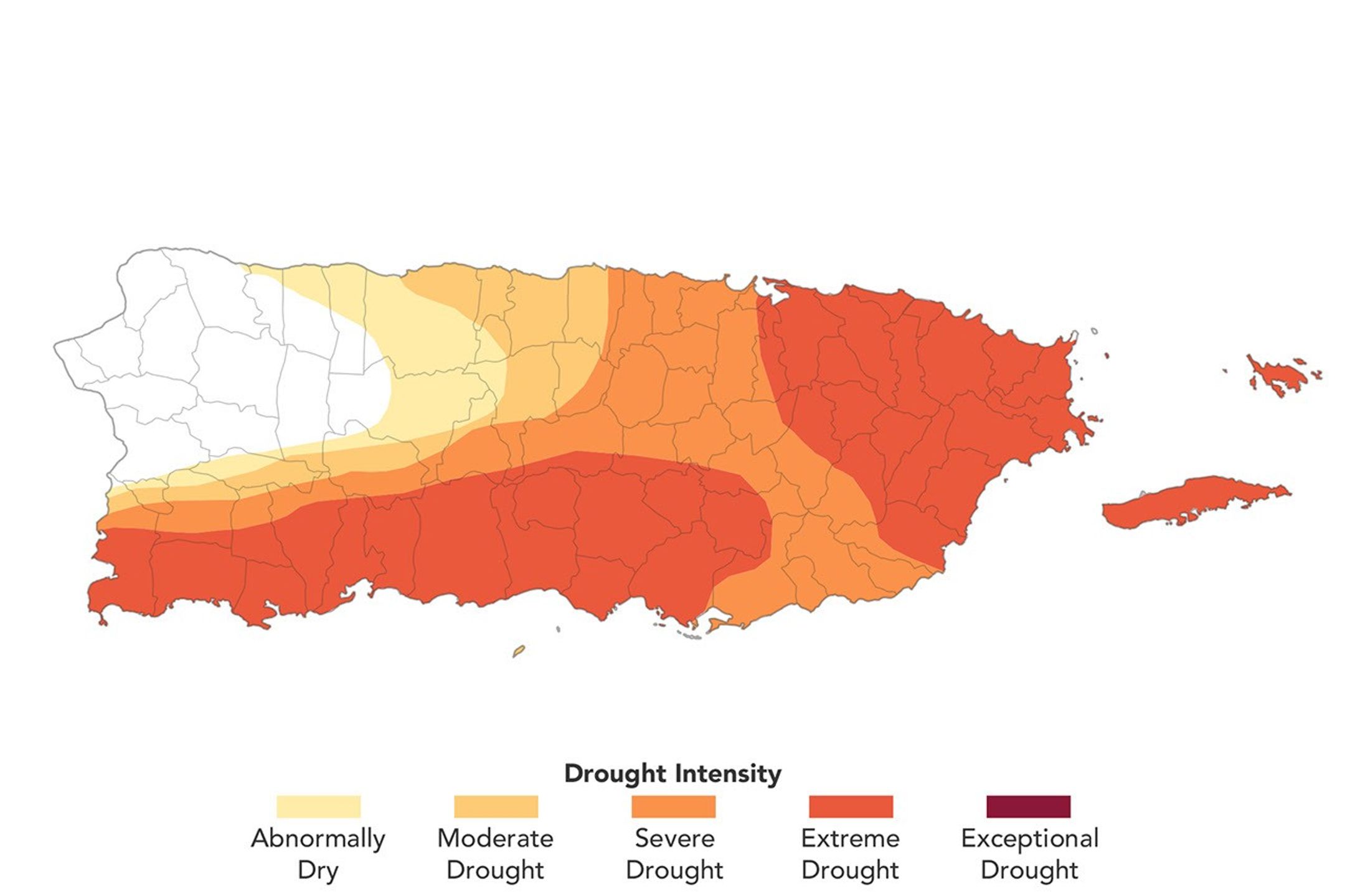 A map of Puerto Rico shows that 75 percent of the archipelago is abnormally dry or in drought. Areas of extreme drought, shown in dark orange, cover the eastern and southwestern regions of the main island.