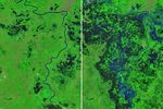 A false-color satellite image captured on February 9, 2026, shows extensive flooding along the Sinu River near Lorica. Dark floodwaters are visible against the green landscape on both sides of the river but especially to its east.