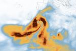 An animation shows airborne dust concentrations from March 1 to 9. Dense areas of dust, depicted in orange and red, originate in northwestern Africa and drift west over the Atlantic and north-northeast over the Mediterranean, Europe, and UK.