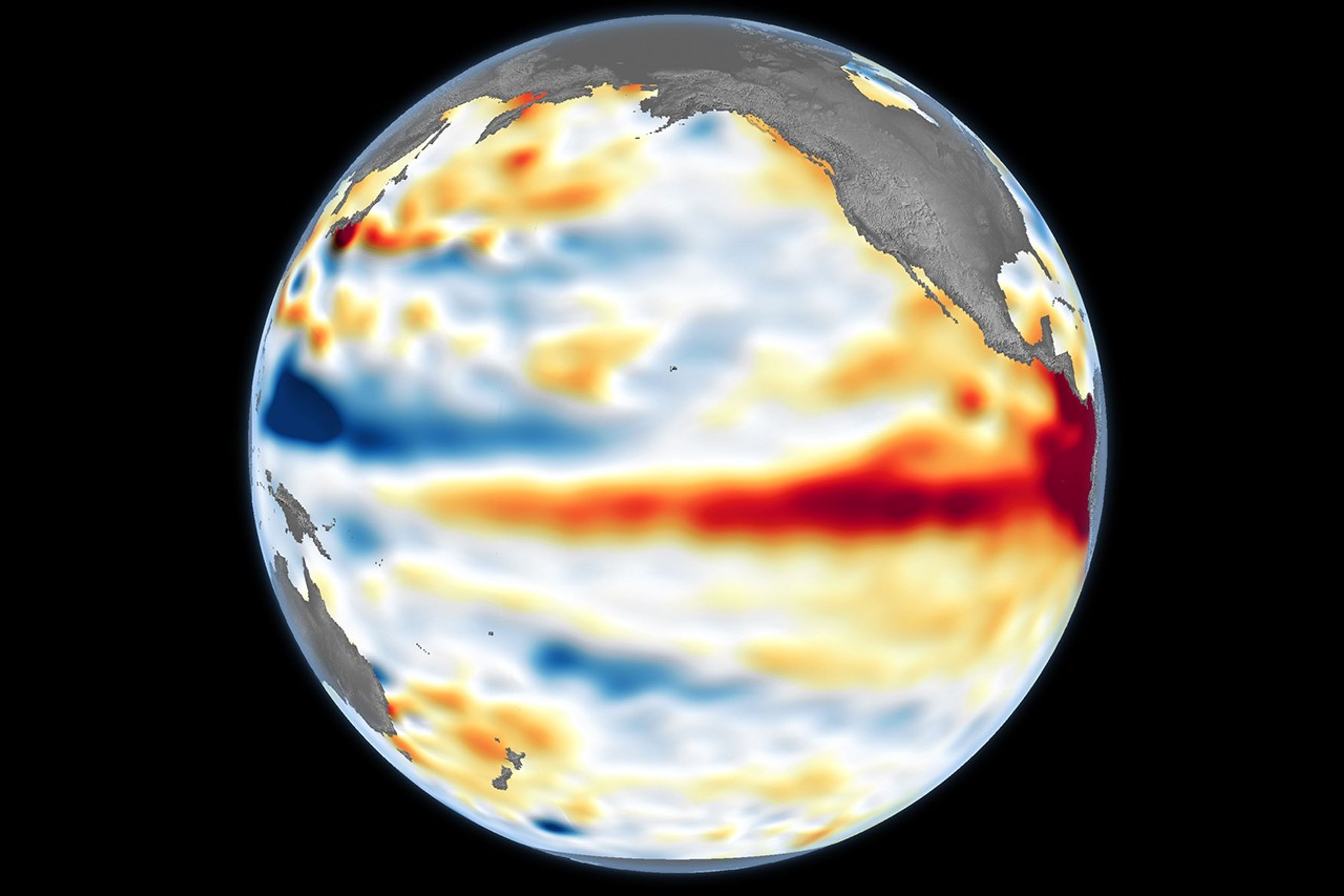 A global map centered on the Pacific Ocean shows a band of red, higher-than-normal water levels across the central and eastern equatorial Pacific and a broad patch off the coast of South America.