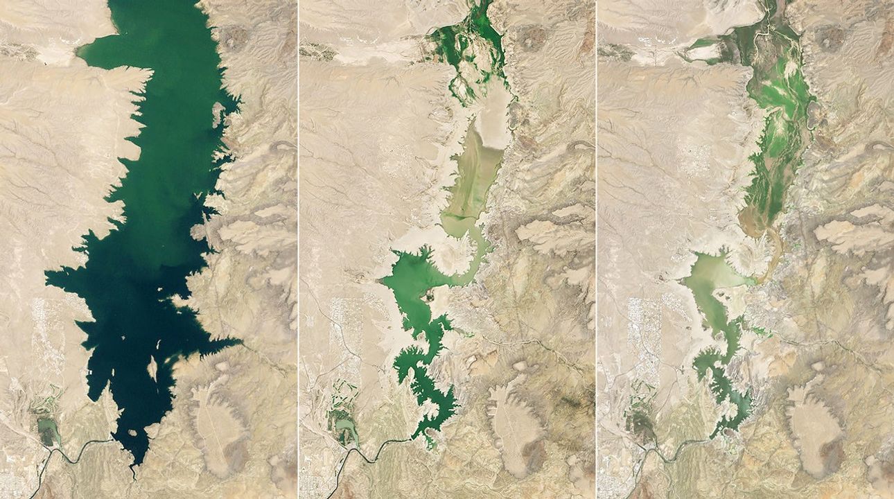 A three-part image shows Elephant Butte Reservoir in New Mexico in 1994, 2013, and 2026. In 1994, on the left, the lake is nearly full. In the other two years, it is close to empty.