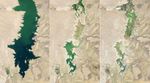 A three-part image shows Elephant Butte Reservoir in New Mexico in 1994, 2013, and 2026. In 1994, on the left, the lake is nearly full. In the other two years, it is close to empty.