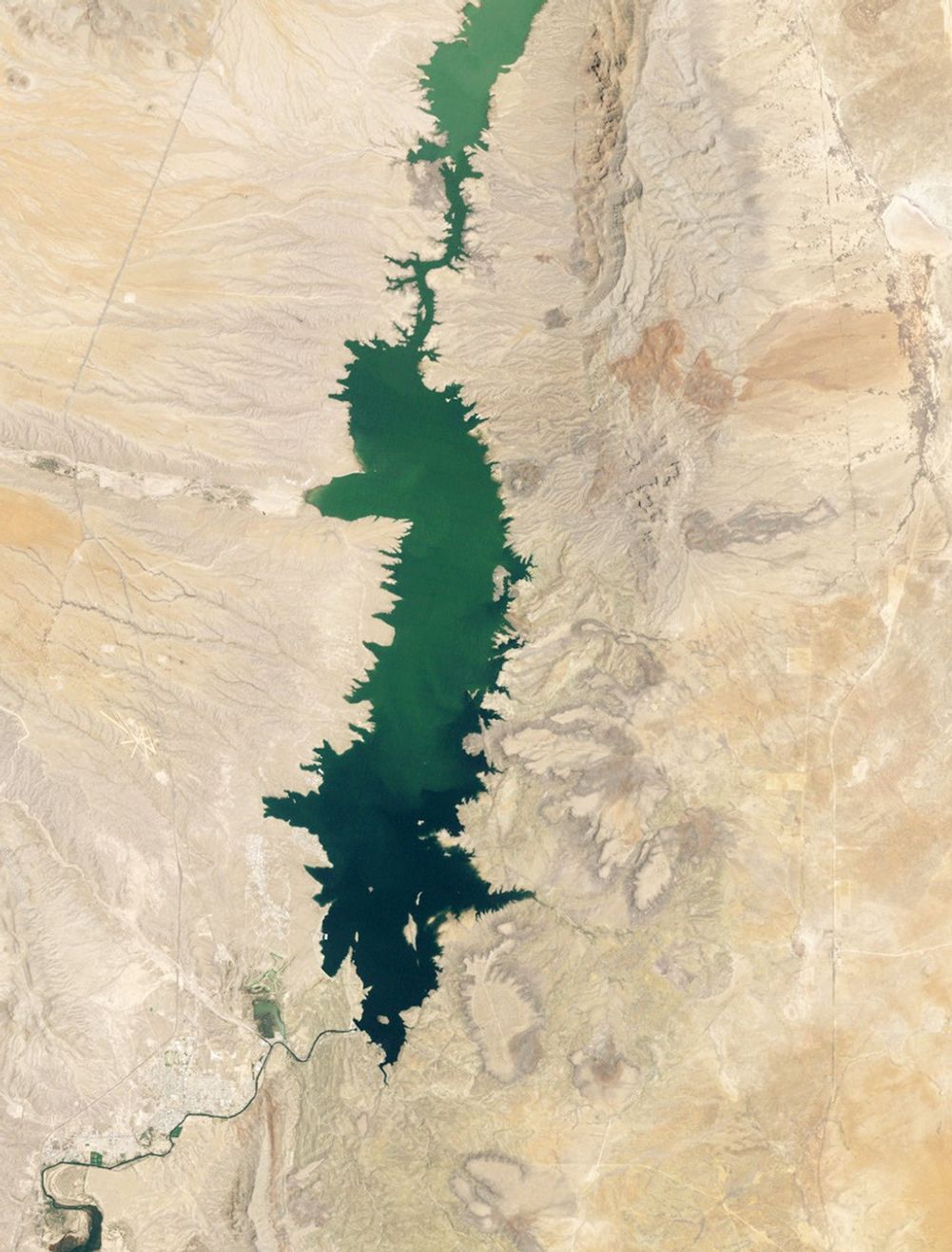 A three-part image shows Elephant Butte Reservoir in New Mexico in 1994, 2013, and 2026. In 1994, on the left, the lake is nearly full. In the other two years, it is close to empty.