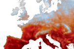 An animated map centered on western Europe depicts high air temperatures, shown in red, spreading across the region.