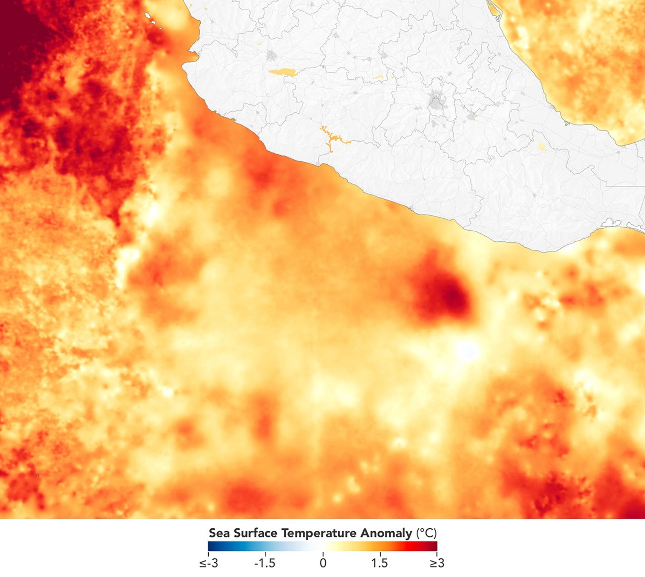 A map depicts sea surface temperature anomalies off Mexico's Pacific coast on September 23. Deep red areas highlight areas 3°C above the norm for that date. A dotted line traces the storm's path from September 20 to September 23 as it moved through the unusually warm waters.