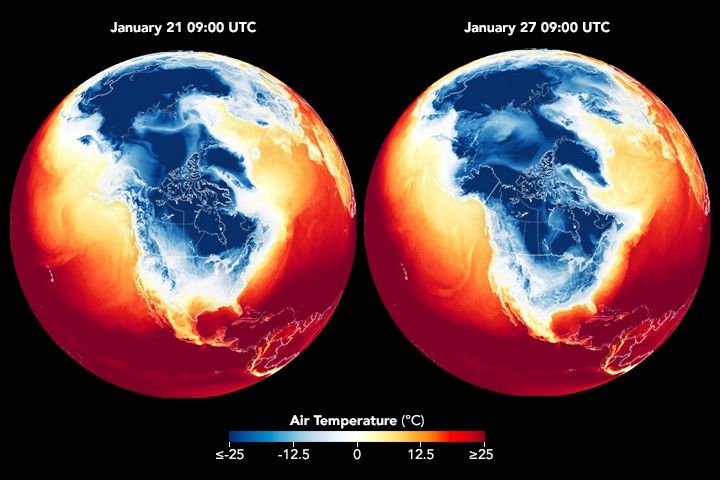 Two maps compare overnight cold air on January 21 and January 27. The January 27 map shows cold air (blue) covering more of the United States, especially in the South, Midwest, and East.