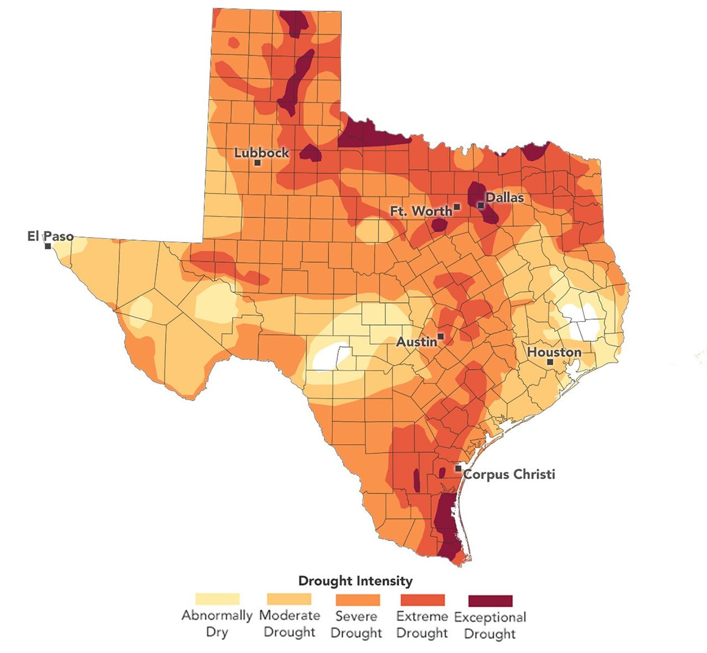 A U.S. Drought Monitor map of Texas depicts drought intensity across the state, with severe, extreme, and exceptional drought covering large portions. The area around Lubbock falls within the "severe" category, with "extreme" and "exceptional" drought in counties to the immediate northeast.