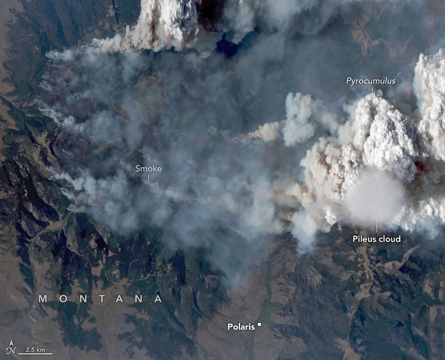 Natural-color aerial image of a wildfire in mountainous terrain. Thick gray and brown smoke spreads across much of the landscape, while a towering white pyrocumulus cloud rises at right. A smooth, thin pileus cloud hovers just below the main convective cloud.