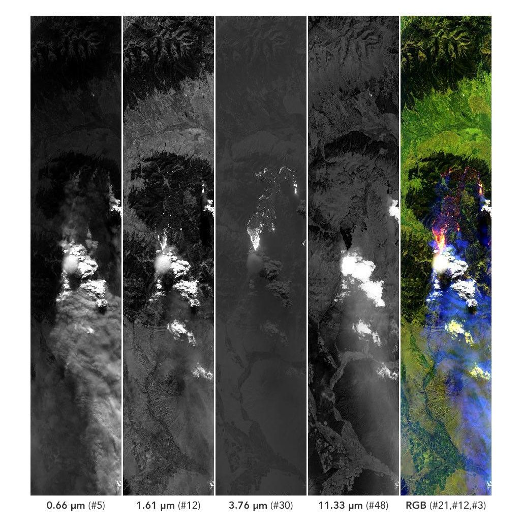Five side-by-side panels from the MASTER instrument show a wildfire and its smoke plume. The four left panels are grayscale views of the scene at progressively longer wavelengths. The rightmost panel is a false-color composite in which active fires appear pink and yellow, burned areas in purple, smoke in purple, and clouds in white.