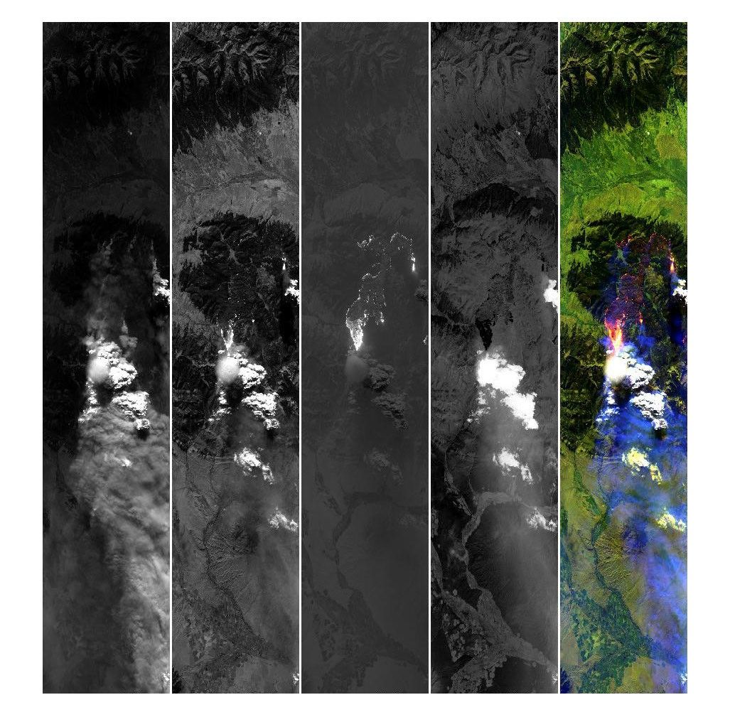 Five side-by-side panels from the MASTER instrument show a wildfire and its smoke plume. The four left panels are grayscale views of the scene at progressively longer wavelengths. The rightmost panel is a false-color composite in which active fires appear pink and yellow, burned areas in purple, smoke in purple, and clouds in white.