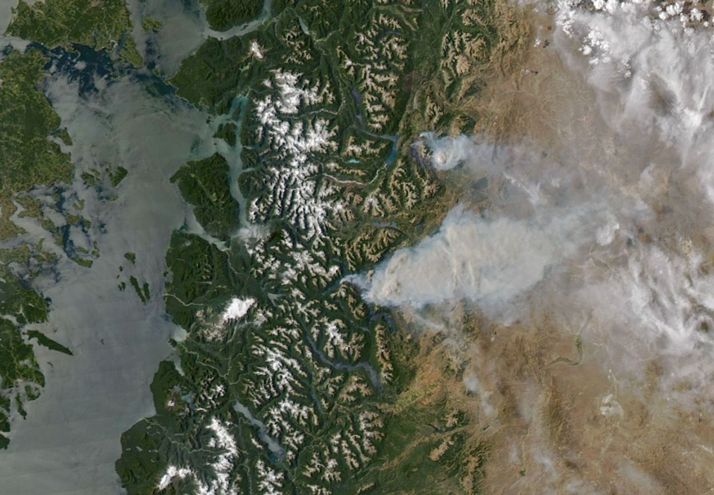 Two thick plumes of gray wildfire smoke spread from Patagonia's forested, snow-capped mountains in the middle of the scene into Argentina's brown, drier plains to the right.