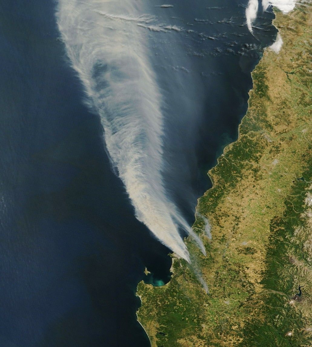Brownish-gray smoke plumes billow to the northwest over the Pacific Ocean from wildfires near the Chilean city of Concepción.