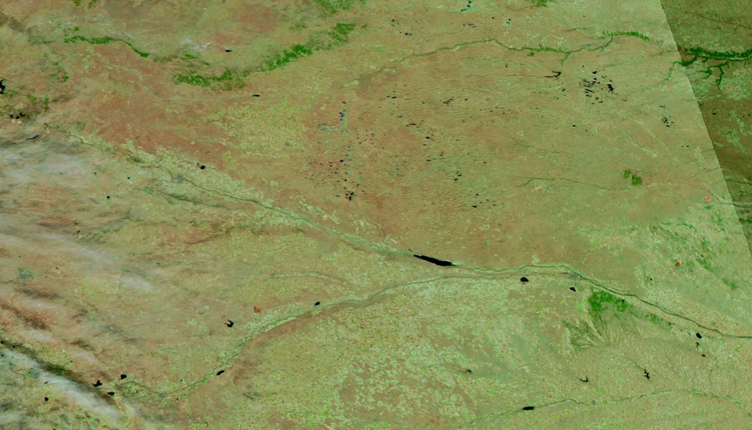 Plains in western Nebraska, divided by the North Platte River, appear in light shades of green and brown in a false-color satellite image.