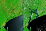 Water fills broad plains along the Incomati and Limpopo Rivers in Mozambique in a false-color image captured on January 25, 2026. Floodwaters appear dark blue, while the surrounding landscape is green. Labels mark the locations of Xai-Xai and Maputo.