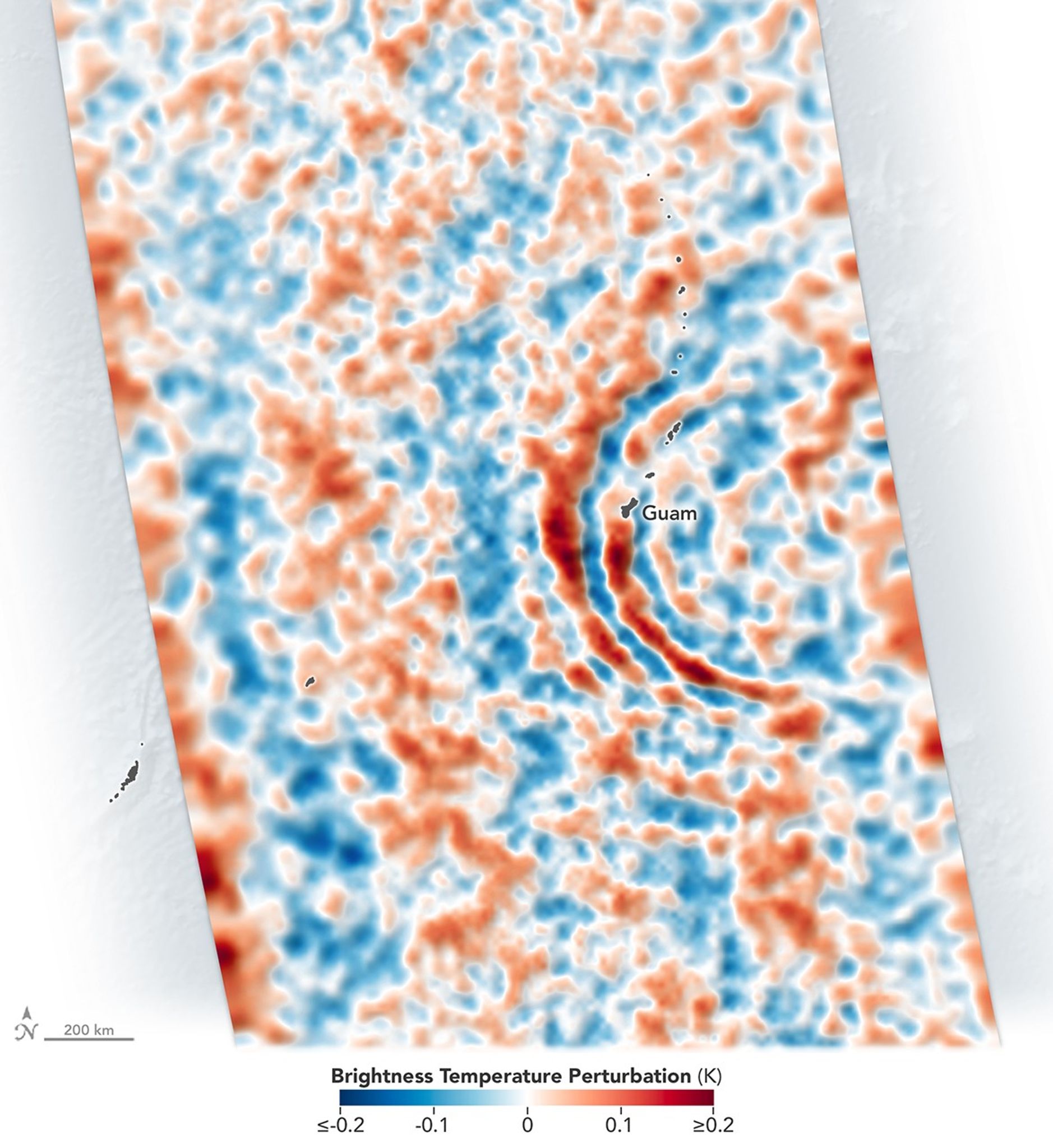 The signature of gravity waves in the stratosphere appears as concentric rings in infrared satellite data.
