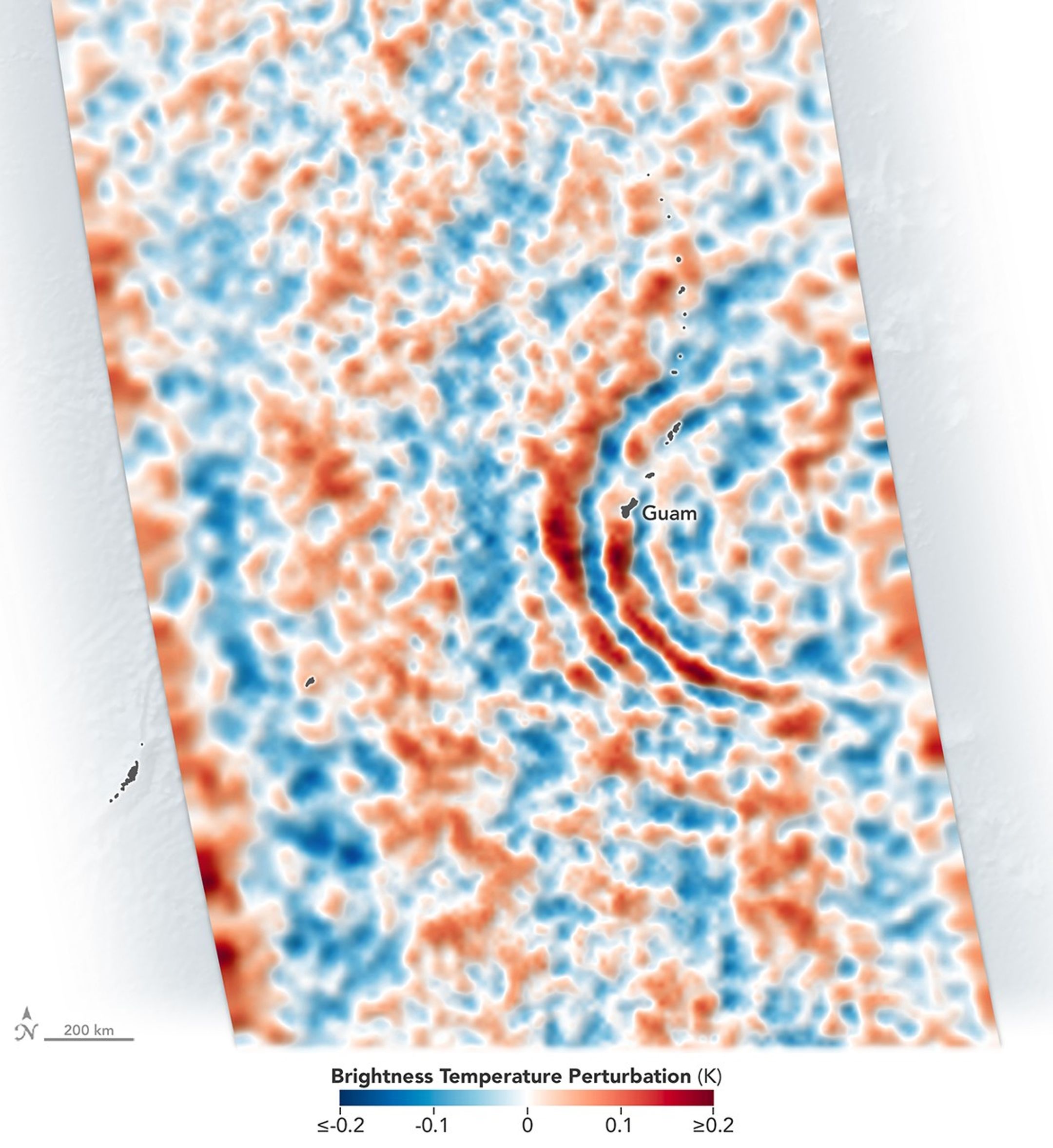 The signature of gravity waves in the stratosphere appears as concentric rings in infrared satellite data.